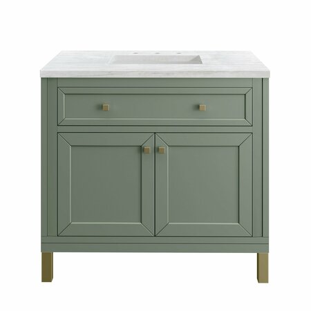 JAMES MARTIN VANITIES Chicago 36in Single Vanity, Smokey Celadon w/ 3 CM Arctic Fall Top 305-V36-SC-3AF